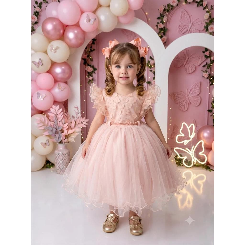 Vestido Infantil Menina Bonita Angelie – Cor Pêssego | Delicado, Elegante e Confortável