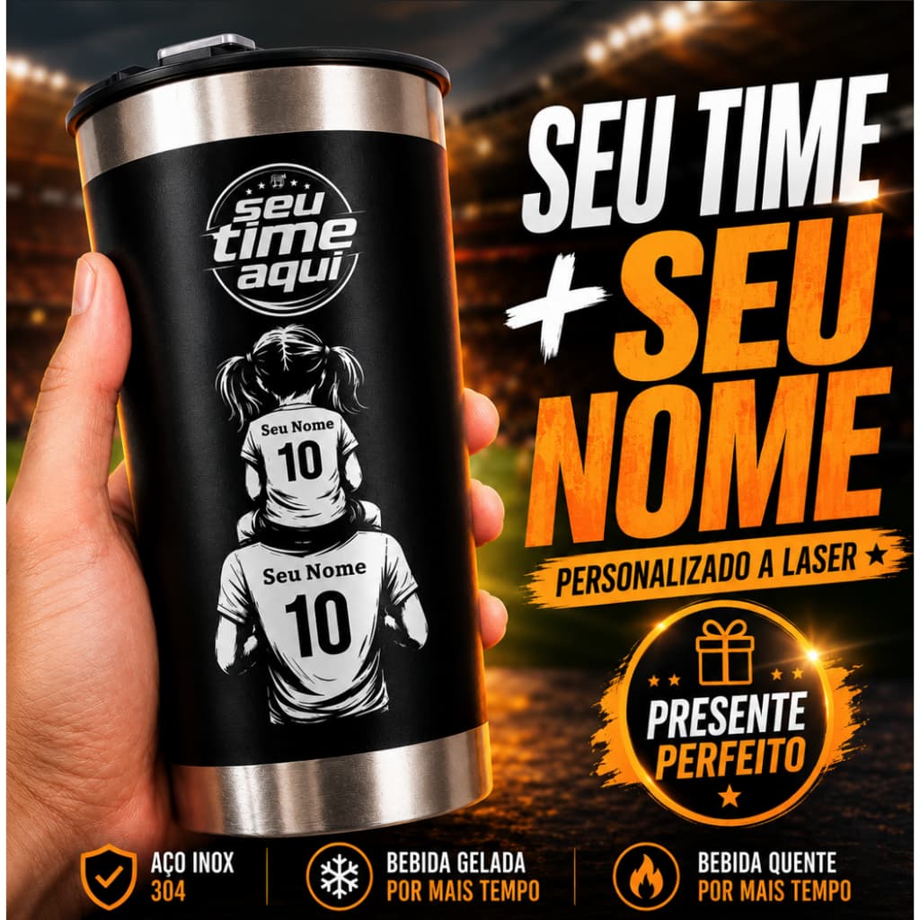 Copo Térmico Aço Inox Personalizado Pai e Filho Torcedores de Times 473ML, Presente Personalizado, Gravação a Laser