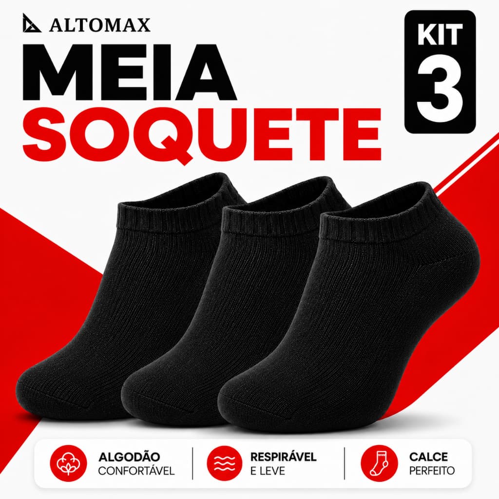 Kit 3 Pares Meia Invisível Soquete Preta Masculina Algodão Macio Confortável Respiravel Altomax