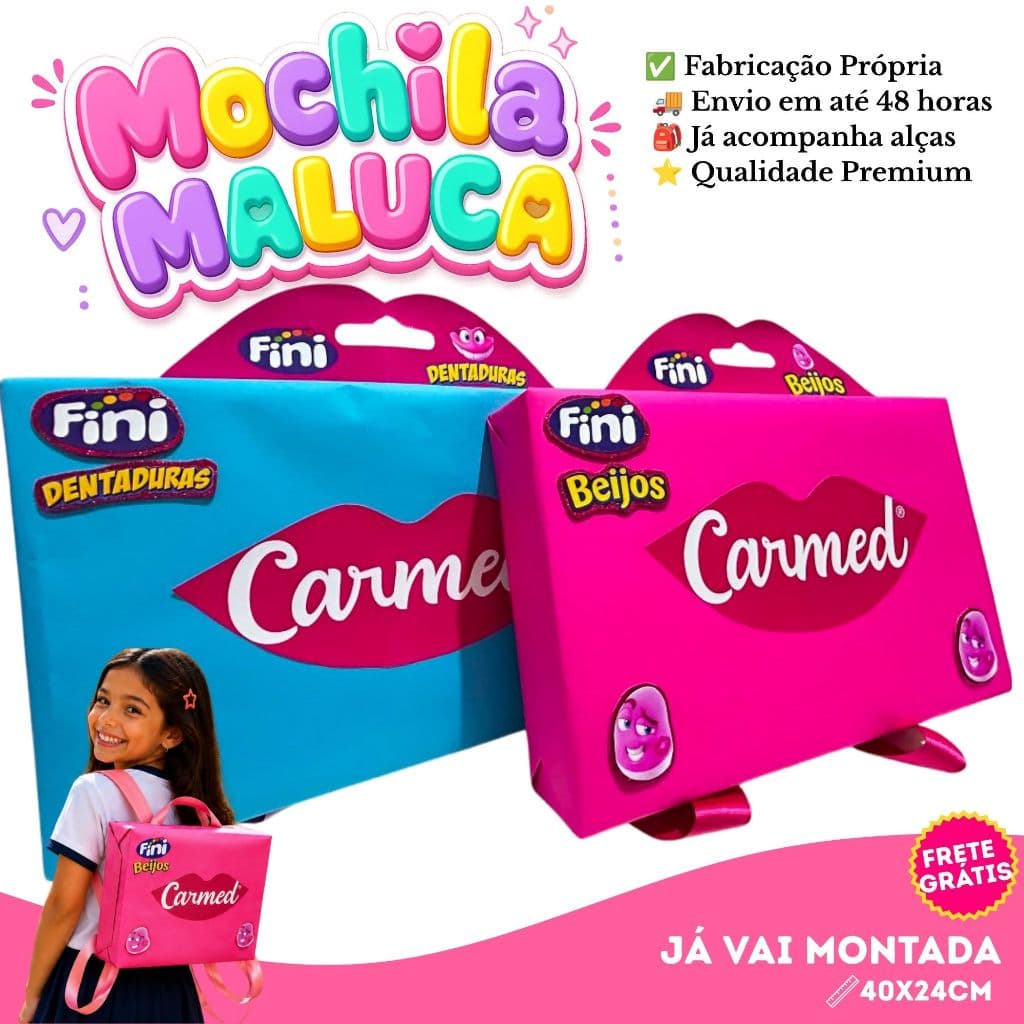 Mochila Maluca CARMED Infantil 40x24xcm l Já Pronta - Envio 48 horas