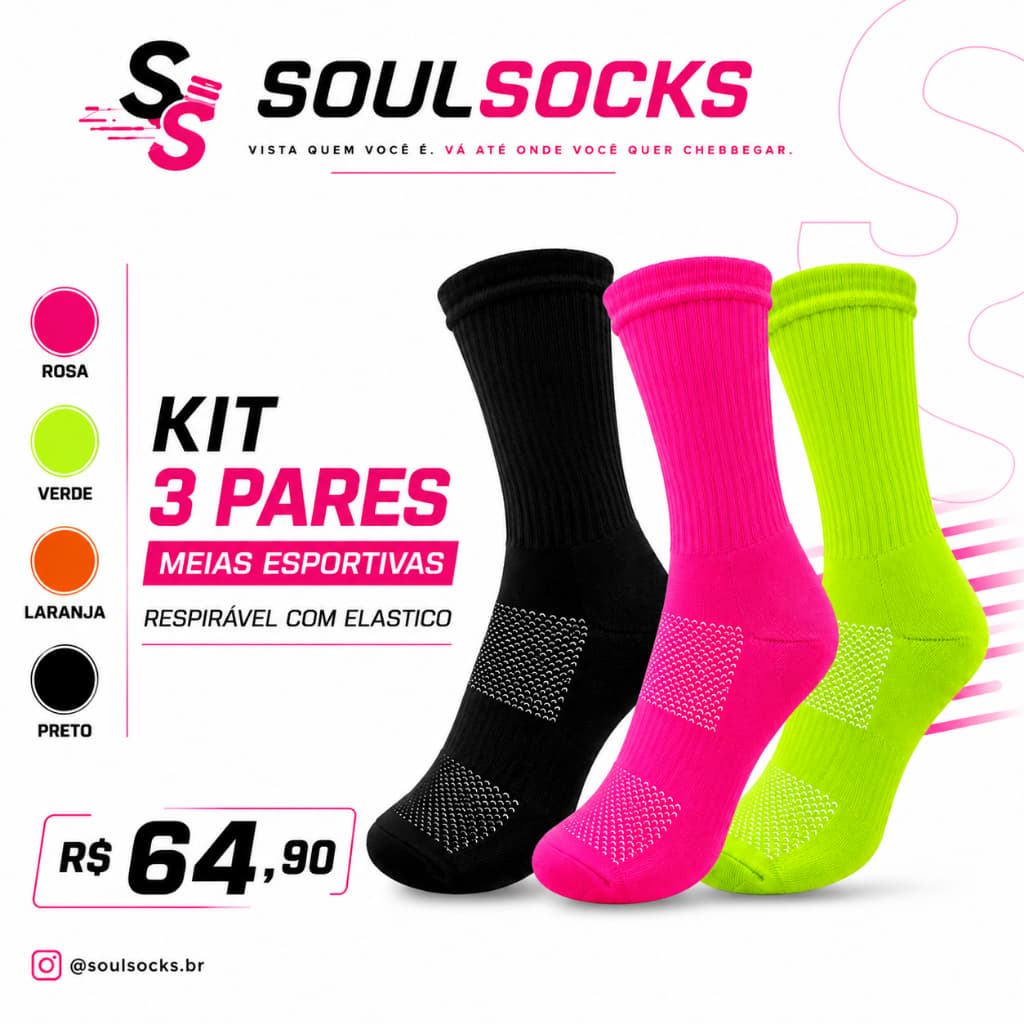 Kit 3 Pares Meia Esportiva Cano Médio SoulSocks Poliamida Neon Corrida Spinning Crossfit Academia