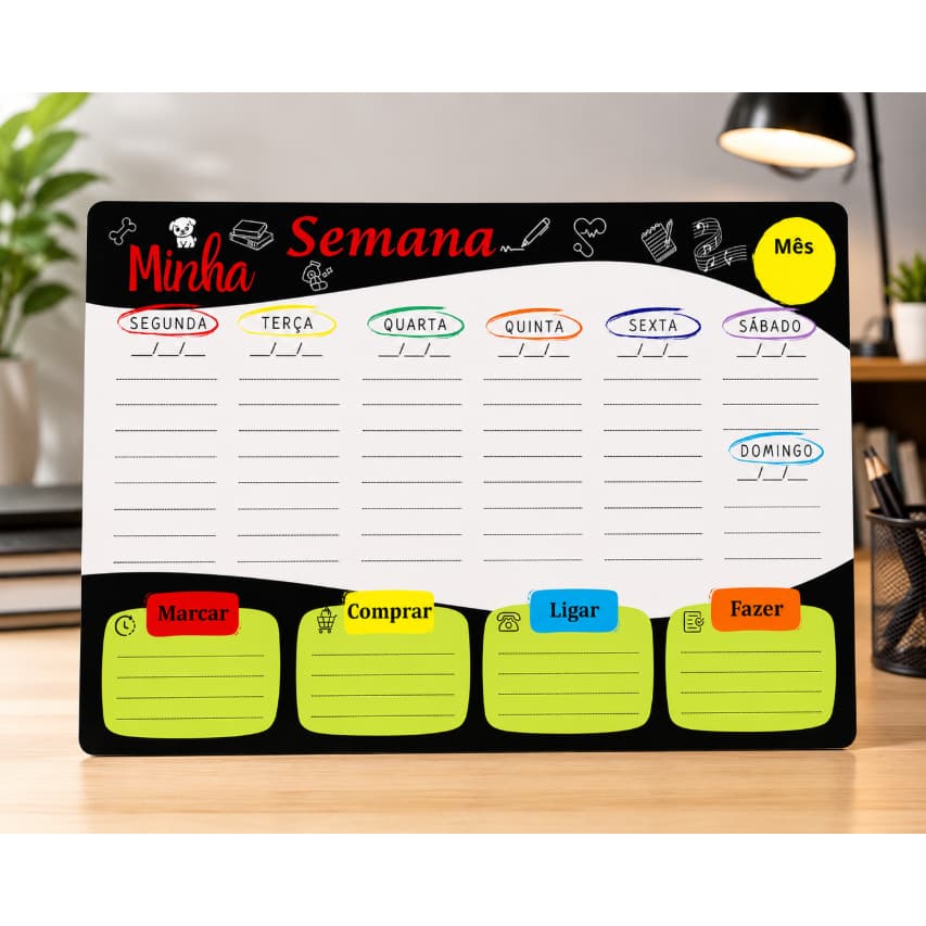 Planner Lembrete Mural Planejador Minha Semana Marcar Ligar Comprar Fazer Apagavel e Manta Magnetica
