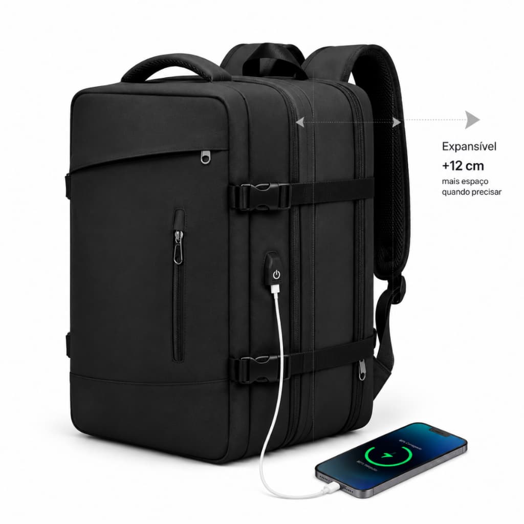 Mochila De Viagem Preta Reforçada Impermeável Expansiva Notebook Grande 10kg