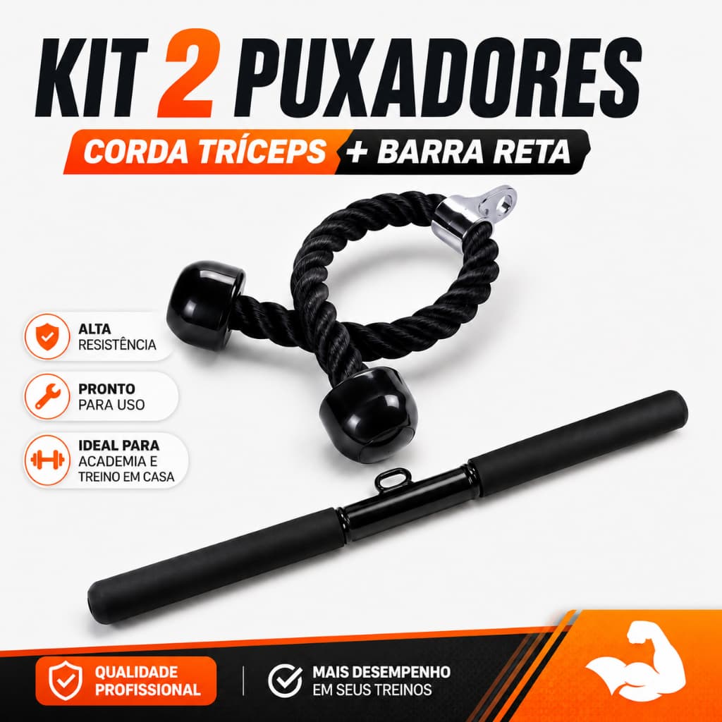 Kit 2 Puxadores Corda Tríceps Barra Reta Bíceps Msuculação Academia Treino Exercícios Funcional