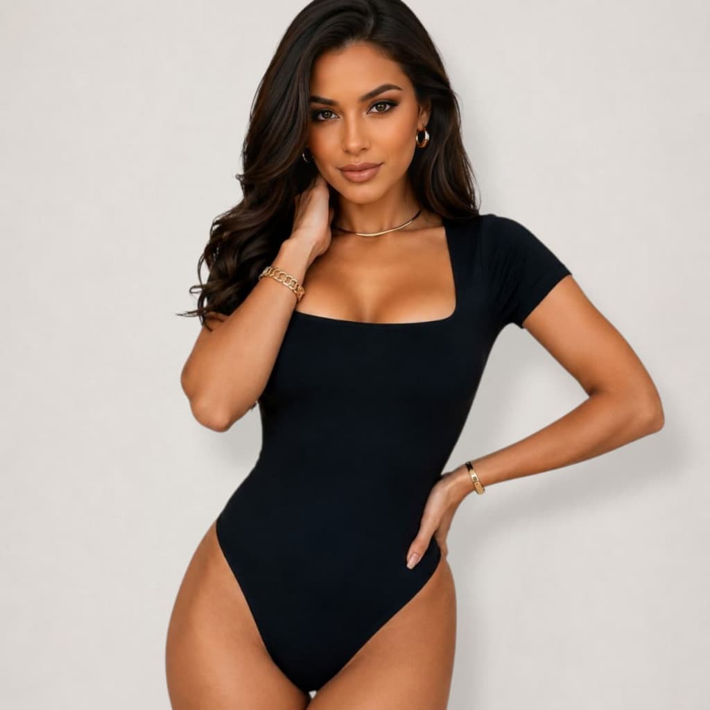 Body Feminino Decote Quadrado Gola Quadrada Manga Curta  Básico Casual Atemporal Moda