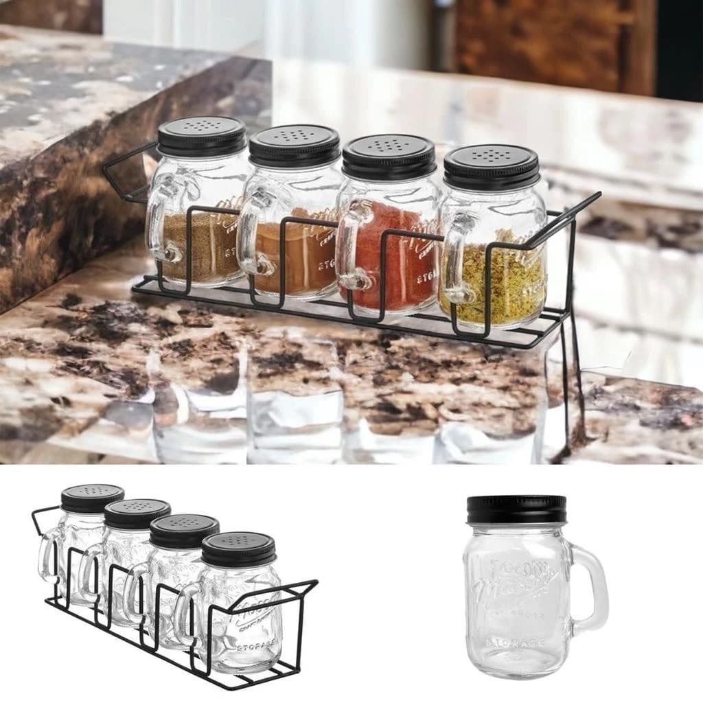Conjunto de 4 potes de condimento com suporte horizontal