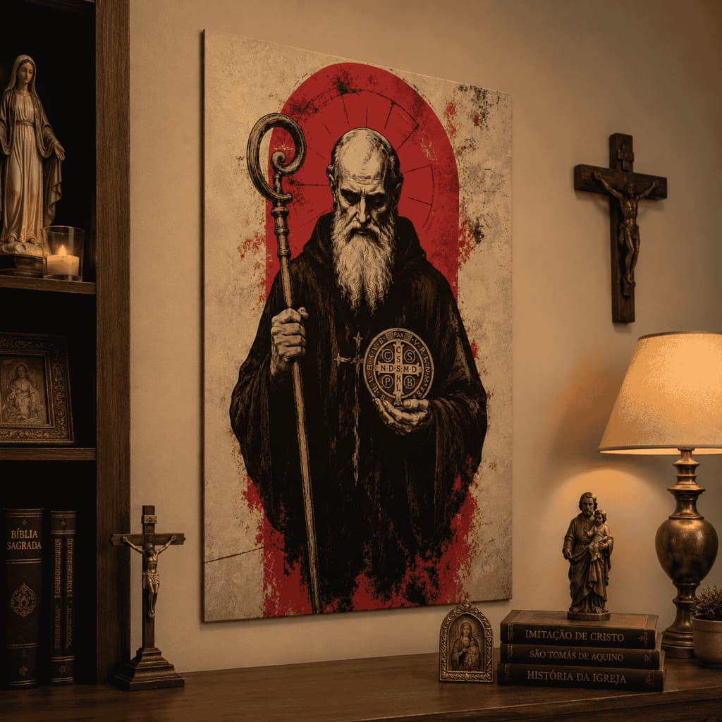 Quadro Decorativo São Bento Medalha Sagrada Proteção Fé Católica Santo Sala Quarto e Hall