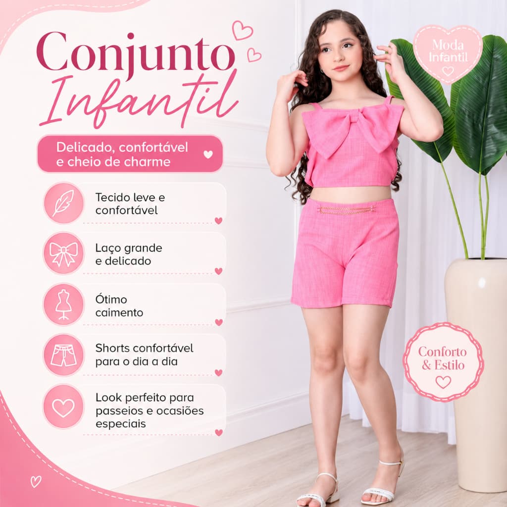 Conjunto Menina Bloquerinha Laço e Short com Corrente Alfaiataria TAM 2 ao 10 - ENVIO IMEDIATO !!!