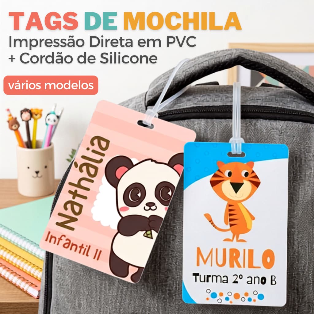 TAG para Personalizada para Mochilas, Malas e Lancheiras + Cordão de Silicone I Impressão Cartão PVC