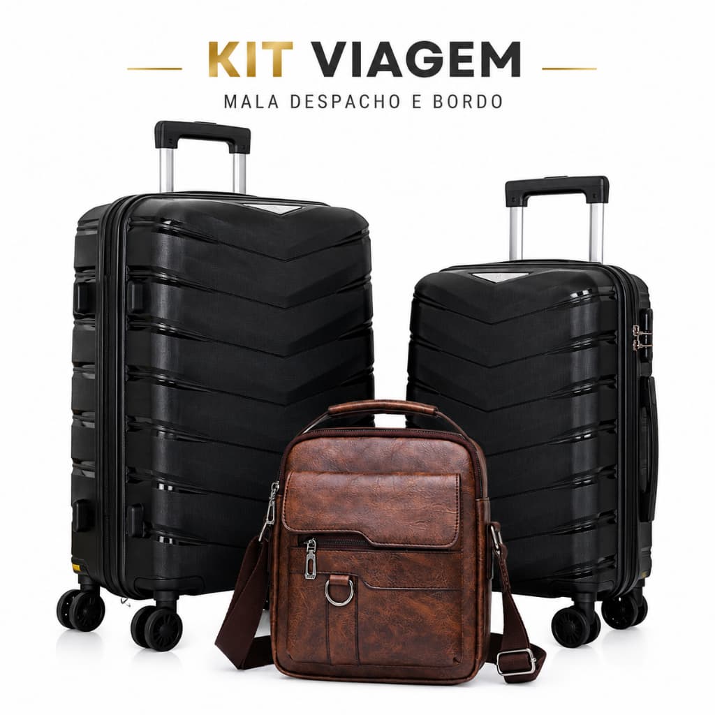 Kit Viagem Mala Despacho 23kg + Mala Bordo 20 Pol Rodinhas + Bolsa Masculina Executiva Premium