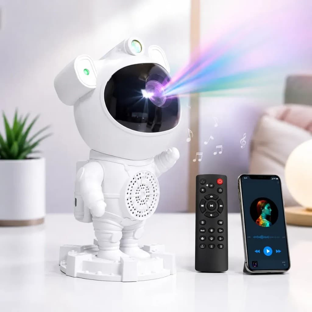 Luminária Astronauta Com Caixa De Som Bluetooth Alto Falante Projetor De Luz Quarto Galáxia Estrelas