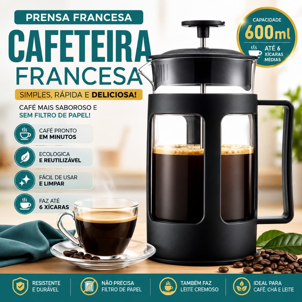 Cafeteira Prensa Francesa 600ml Premium Filtro Inox Reutilizável Café Chá Espumador de Leite - BNVT