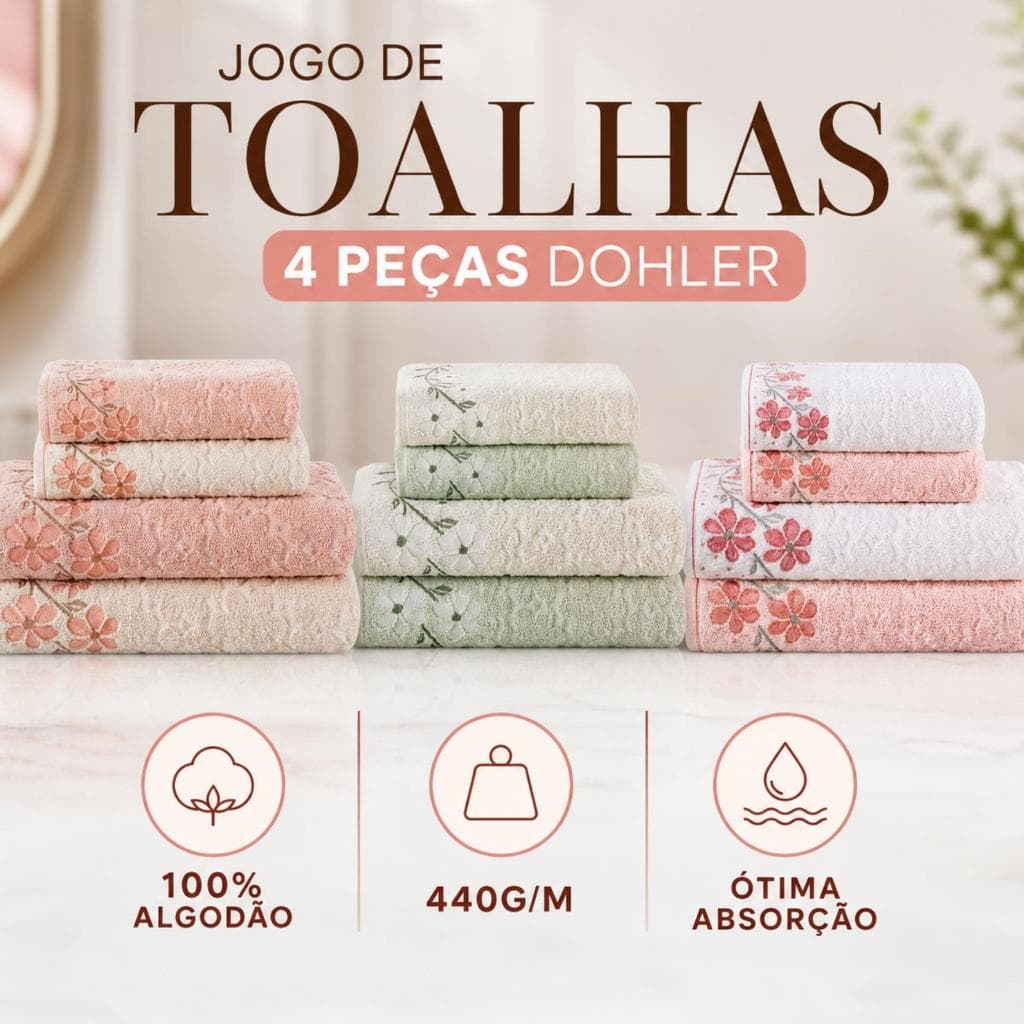 Kit Jogo De Toalhas Dohler Banho E Rosto 100% Algodão 4 Pçs Bordado Ótima Absorção Toque Macio Eva