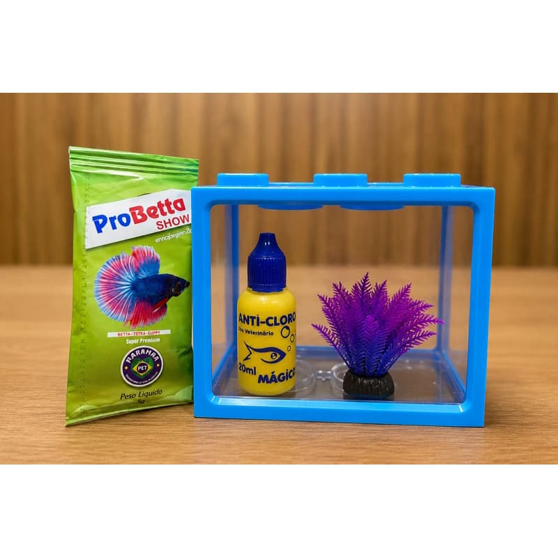 🐠 Kit Mini Beteira Acrílica para Peixe Betta + Anti-Cloro + Ração + Planta Decorativa