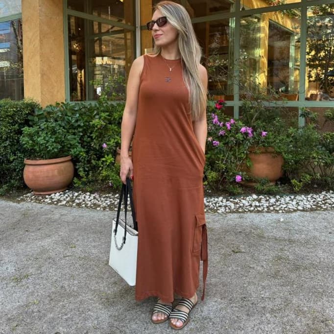 Vestido Longo Casual Básico Feminino Premium Com Bolso Lateral