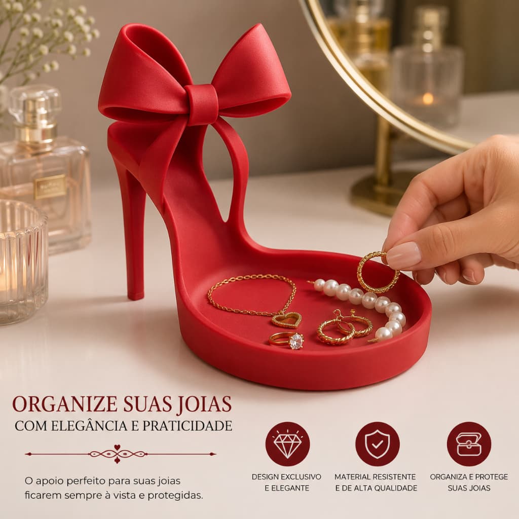 Porta Joias Salto Alto com Laco Coquette Organizador de Aneis Colares Brincos Bandeja Decorativa Elegante