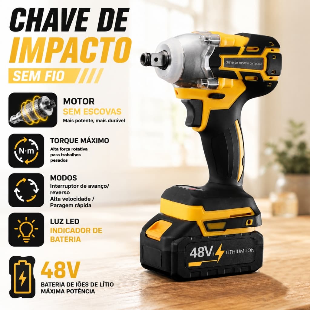 Chave de impacto de alto torque 48V | Modelo durável com motor sem escovas