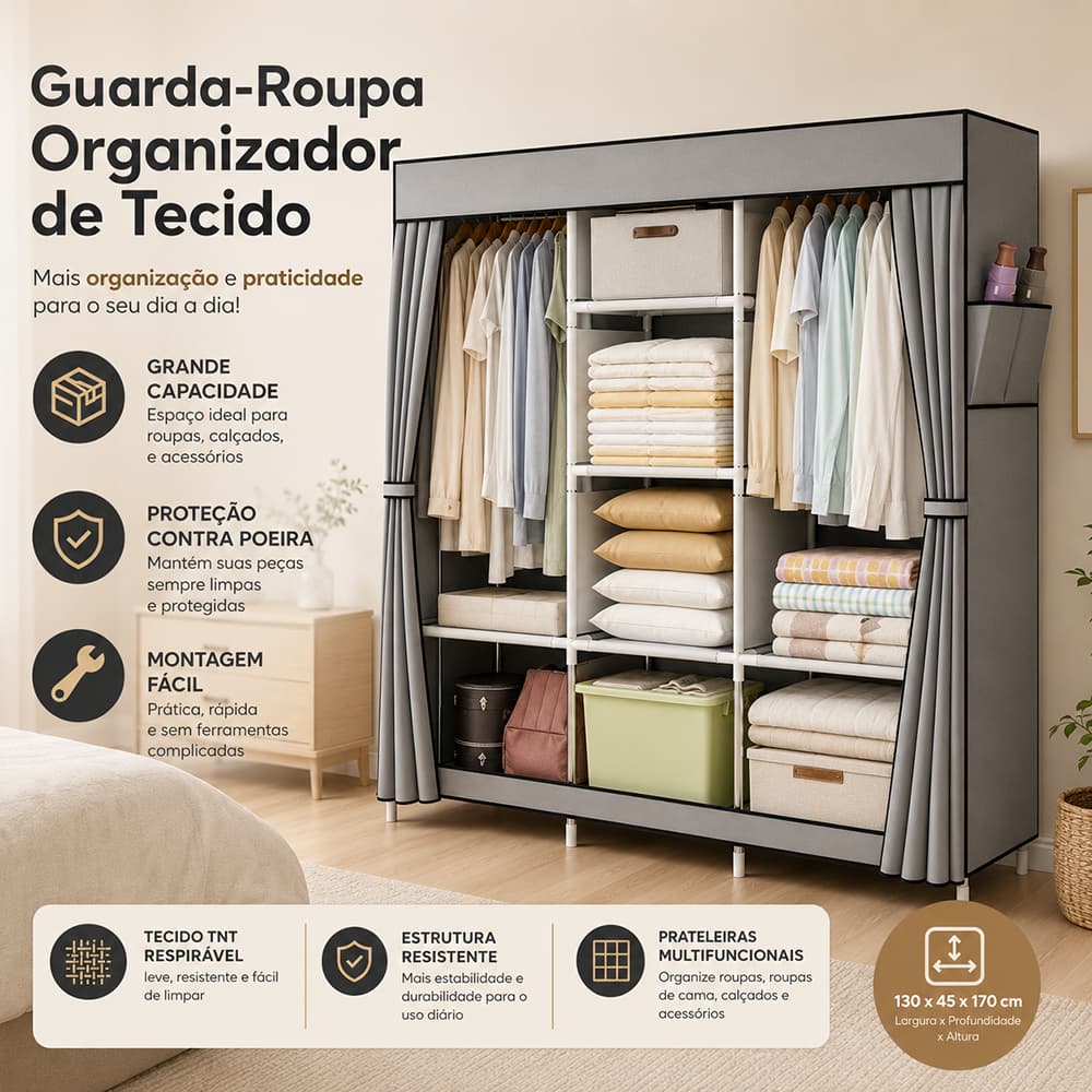 Guarda Roupa de Tecido 170x150x45cm com Cortina Cabideiro Prateleiras para Quarto Compacto
