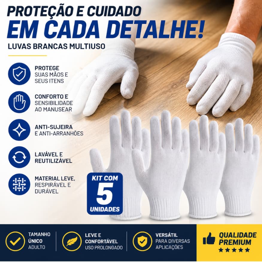 Kit 5 Luvas Brancas de Proteção Multiuso – Reutilizável