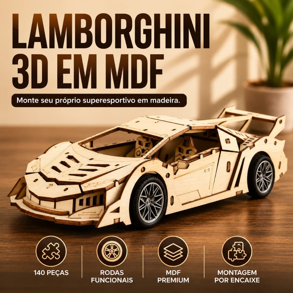 Brinquedo Carrinho Lamborghini 3D Em MDF Para Montar 140 Peças Quebra-Cabeça Educativo DIY Colecionável
