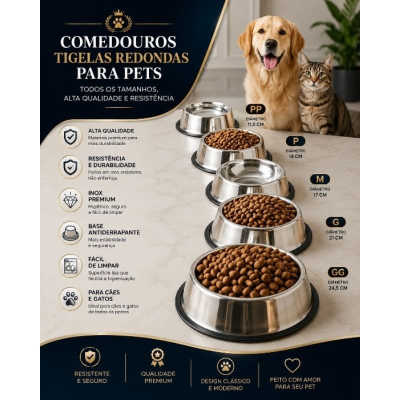 Comedouro e Bebedouro INOX P/ Cães Gatos Pets Tigelas Base Antiderrapante Resistentes Todos Tamanhos