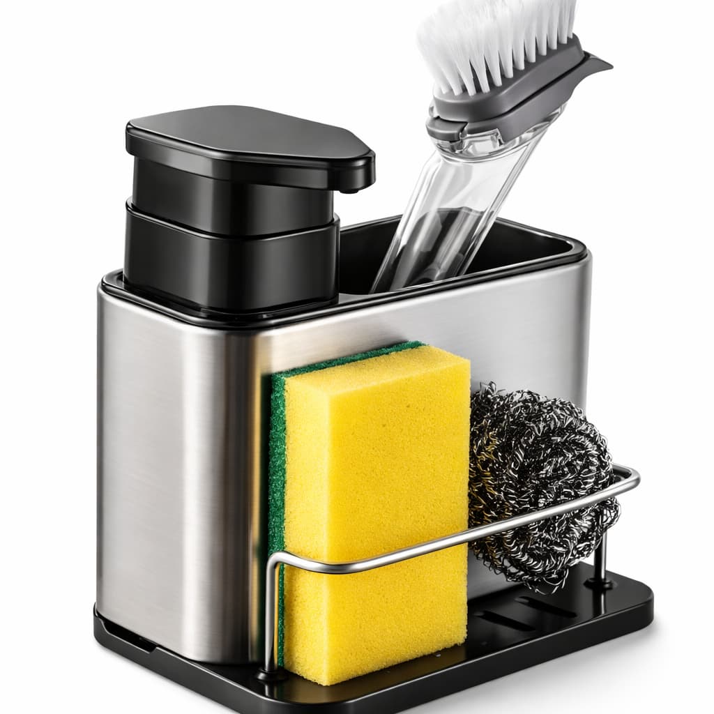Porta Detergente Inox 3 em 1 com Suporte para Esponja e Utensílios