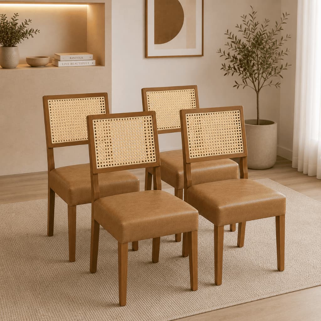 Conjunto Cadeiras Malibu de Jantar em Madeira Maciça Estofadas em Linho ou Couro com Tela Hexagonal Linho Courino