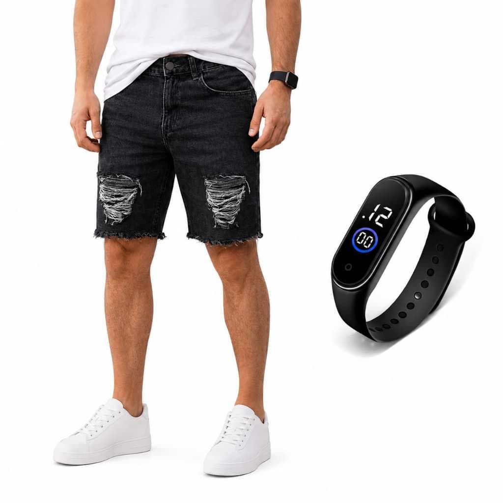 Bermuda Jeans Masculina Mauricinho Rasgada Modelo Acima do Joelho + Relogio Esportivo