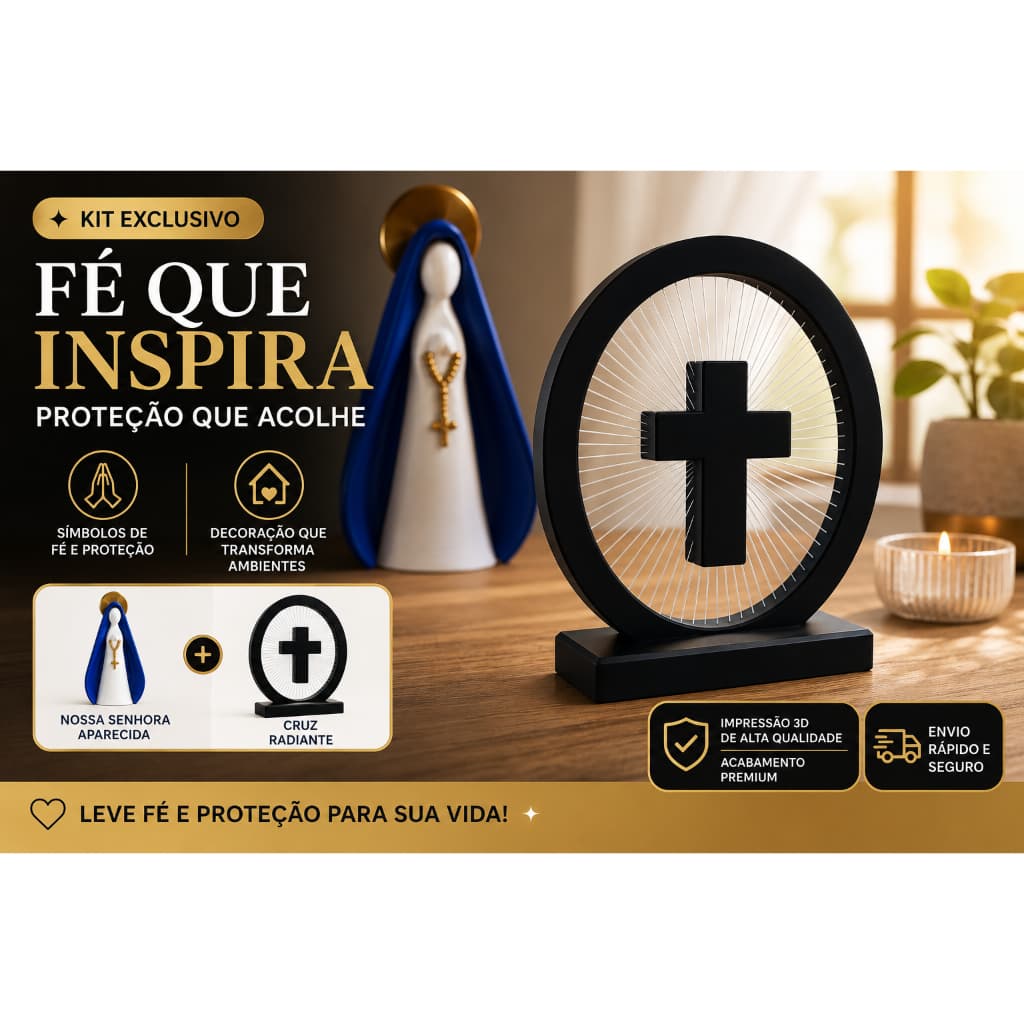 Kit Nossa Senhora Aparecida + Cruz Decorativa Radiante | Decoração Religiosa Impressa e vm 3D
