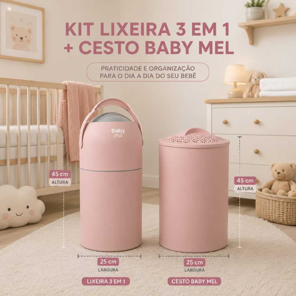 kit lixeira antiodor e cesto 15L de roupa Baby Mel anti viral para fralda descartavel enxoval