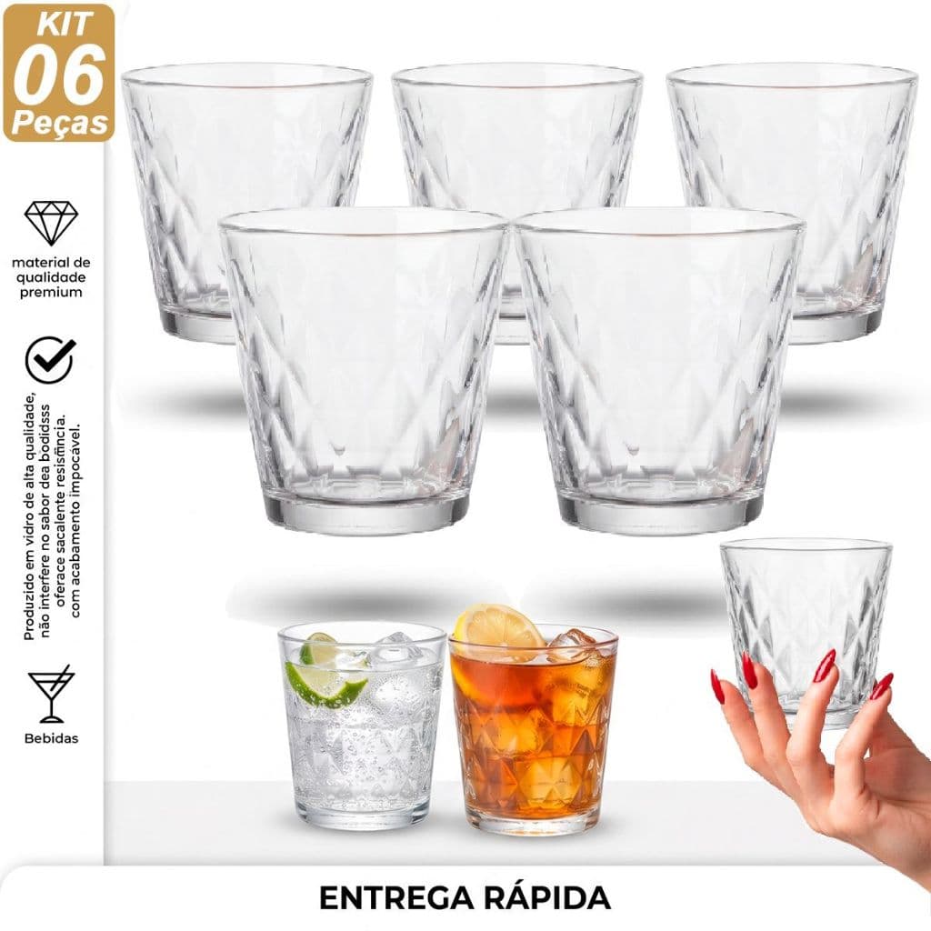 Jogo 6 copos Diamante de Vidro Transparente Bico de Jaca Abacaxi 300ml copo Suco Vinho Luxo Gourmet