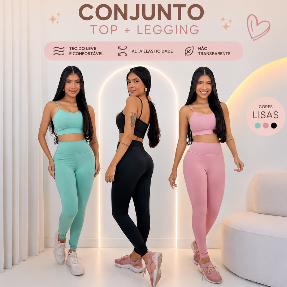 Conjunto Fitness Top + Calça Feminina Cores Lisas Sem transparência Suplex