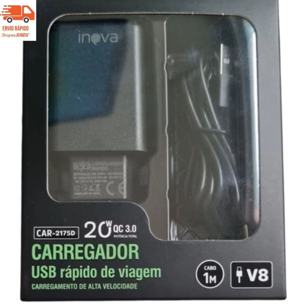 Carregador Rápido de Viagem Inova 20W QC 3.0 + Cabo V8 (1 Metro)