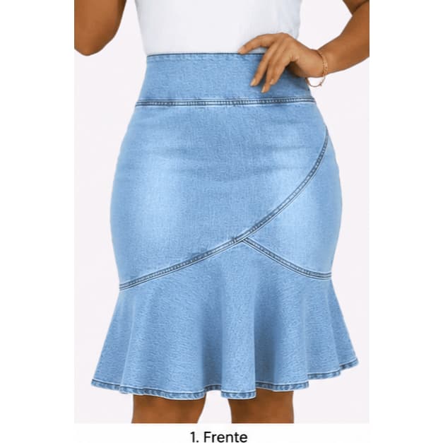 Saia Jeans Feminina Midi Evasê Cintura Alta com Recortes – Elegância e Conforto- LS MODAS (Moda Jeans)
