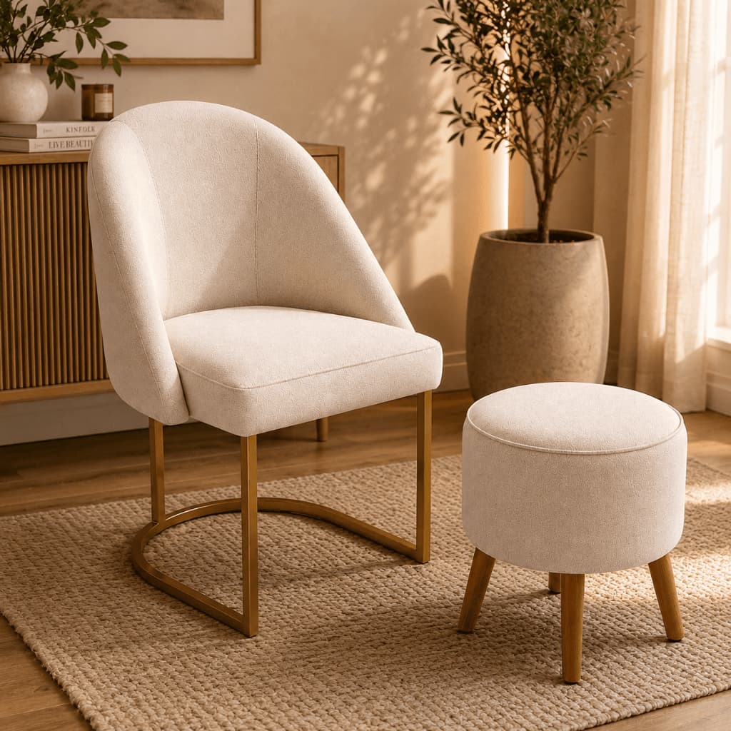 Kit Poltrona + Puff Lua Decorativa Base Dourada  Sala de Estar Recepção Cantinho Leitura Luxo