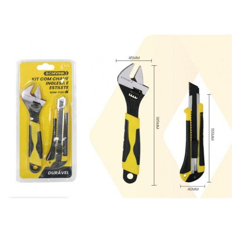 Kit de Ferramentas Domésticas 2 Em 1, Chave Inglesa Ajustável e Estilete Resistente