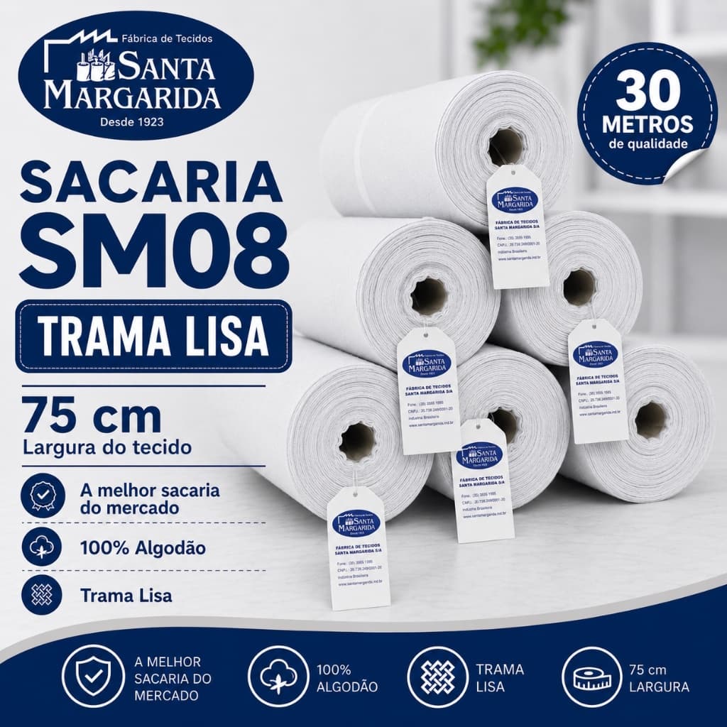 Rolo 30 Metros SM08 Tecido Sacaria Pano de Prato Santa Margarida Branco Liso Pintura e Bordado