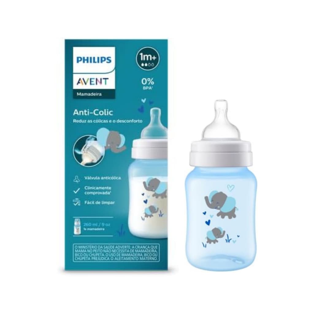 Mamadeira Anti-Colic 1m+ Philips Avent SCY121/06 Azul Decorada Elefante 260ml