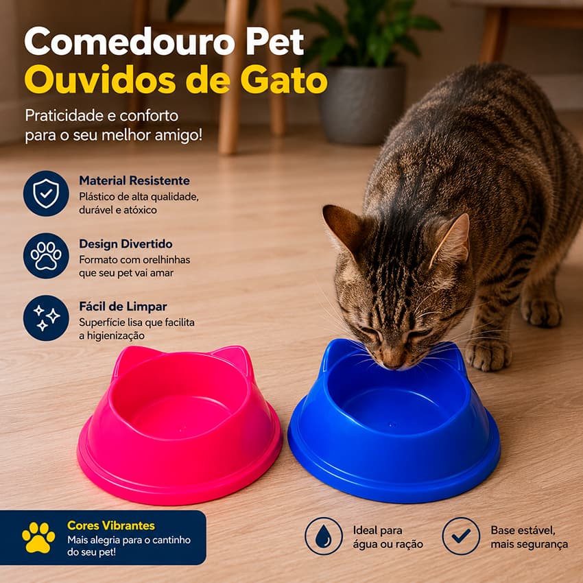 Comedouro para Gato Orelhinha 150ml Tigela Pet Resistente Pets Diversas Cores