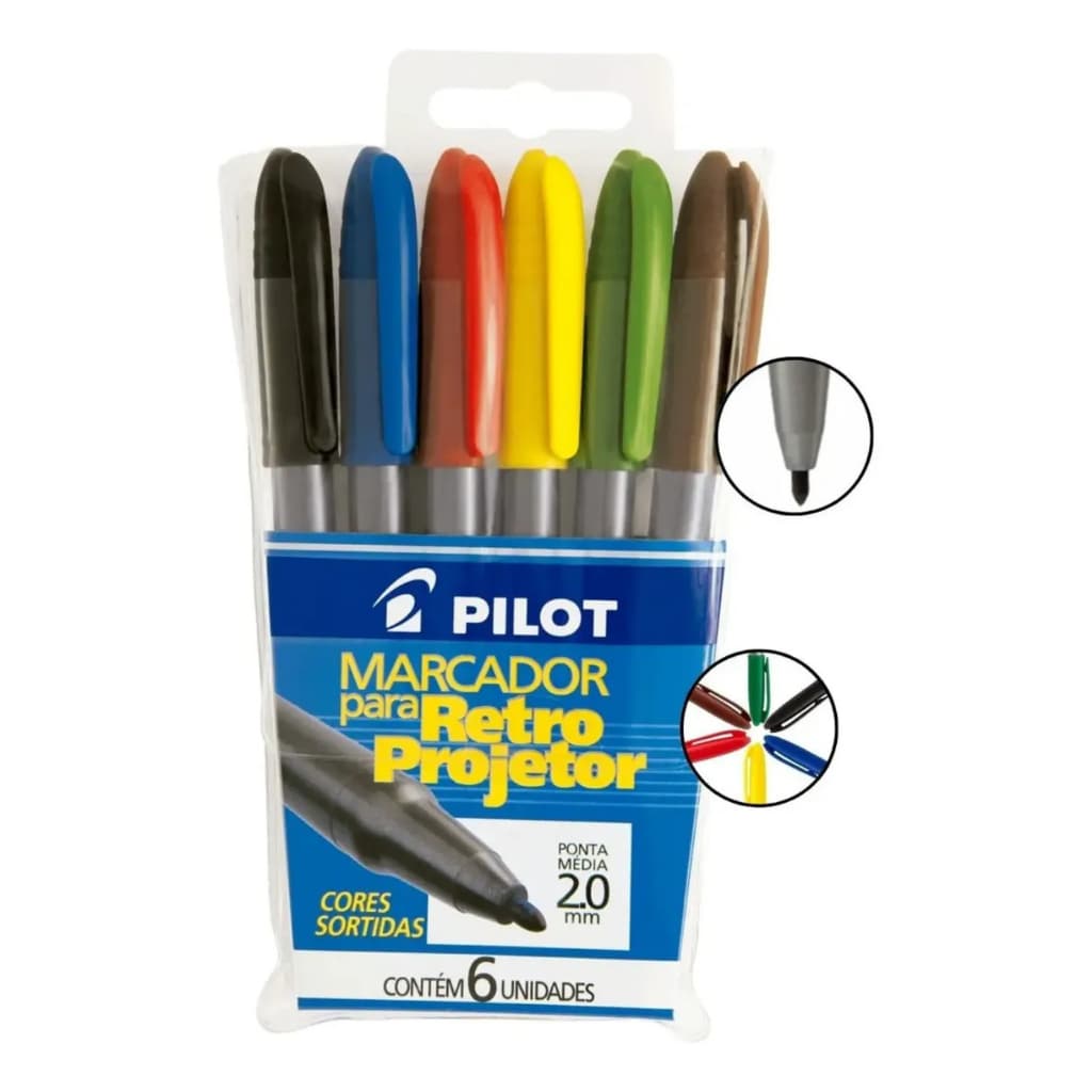 Caneta Marcador Para Retro Projetor Pilot 2.0mm Kit Com 6 Cores