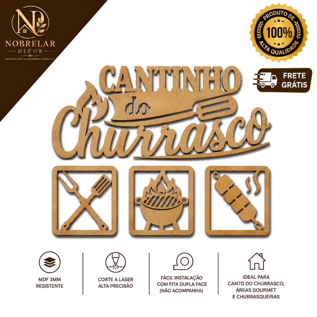 Kit Cantinho do Churrasco 4 Peças 30cm Quadro MDF 3mm Decoração Áreas Gourmet Churrasqueiras Paredes