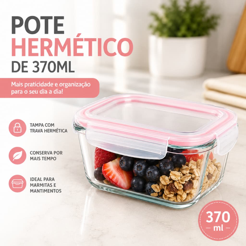 Pote Hermético Vidro 370ml Tampa com Trava Conserva Alimentos Marmita e Mantimentos