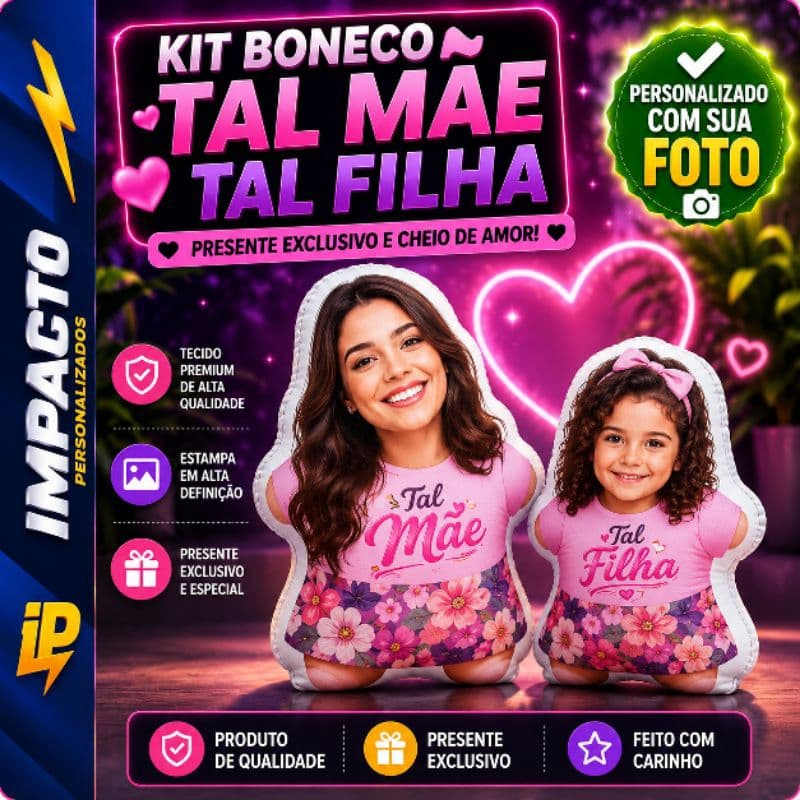 Kit Dia das Mães Almofada de Contorno Personalizada com Foto + Bonequinho Boneca Presente Criativo Exclusivo