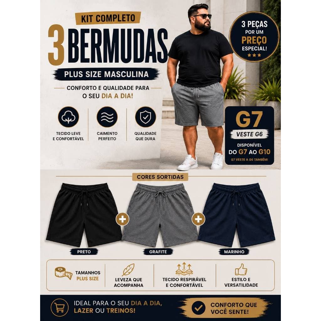 Kit 3 - Bermuda Plus Size - (G7 - G8 - G10) - Esporte - Academia - Dia a Dia - Moda Masculina