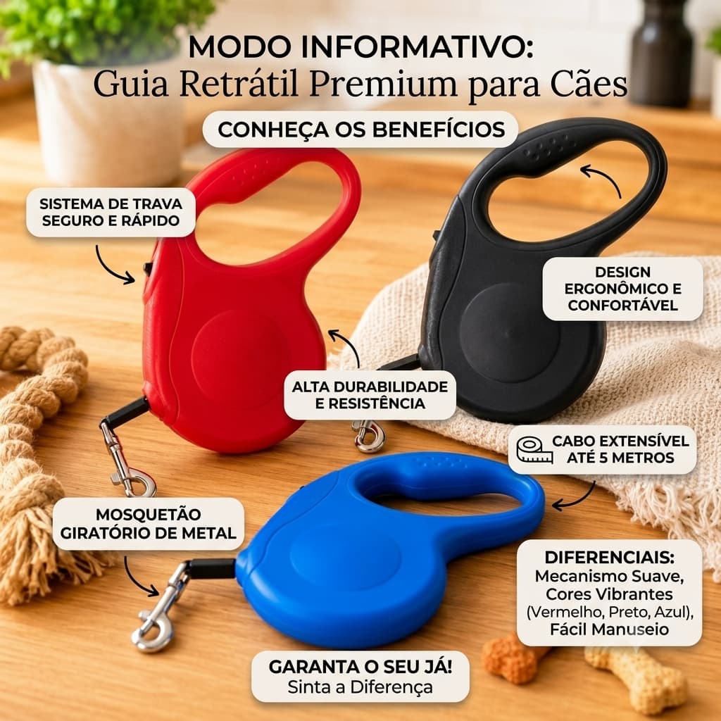 Guia Retrátil Para Passeio Com Trava Segurança Cabo Ergonômico 3 Metros - Sortida BUPPY PET Cachorro