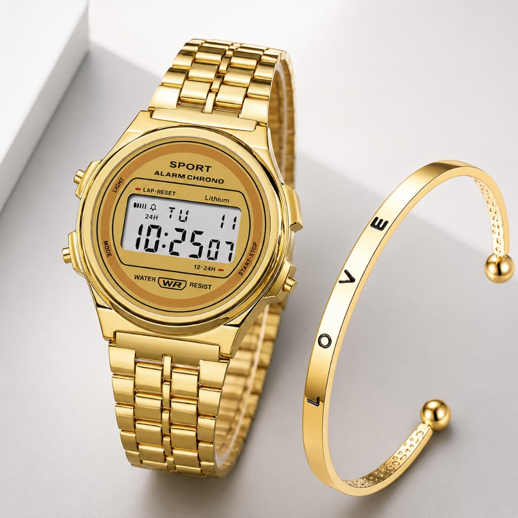 Relógio Digital Feminino Dourado LED Bracelete Cronômetro Alarme Aço Inoxidável 3ATM Luxo