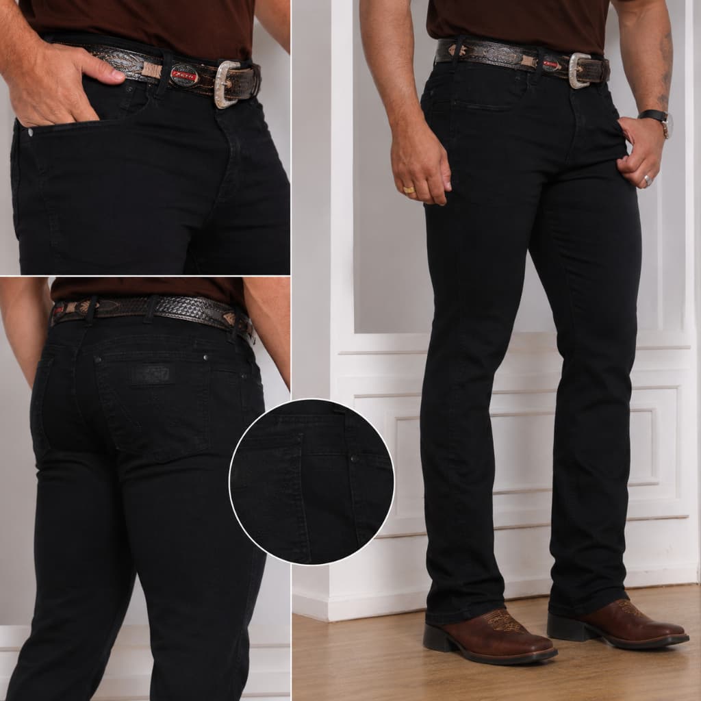 Calça Jeans Masculina Country Preta Premium Tradicional Com Elastano Cowboy Rodeio Boiadeiro Agro Sertaneja