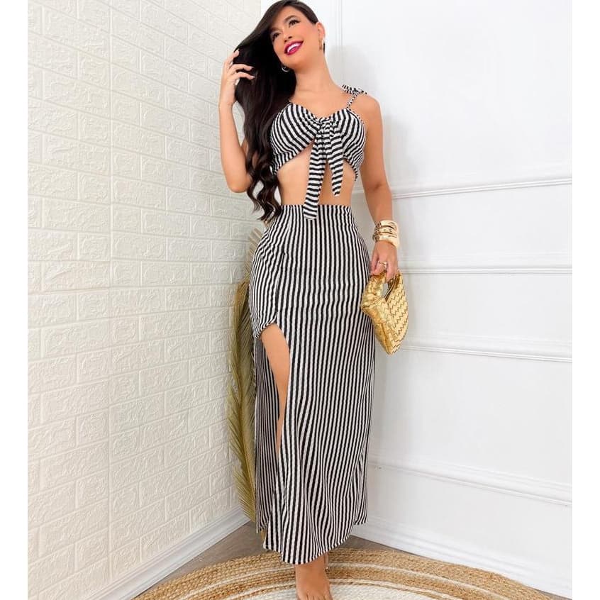 Conjunto Feminino Saia Longa com Fenda e Cropped Listrado Moda Verão Elegante