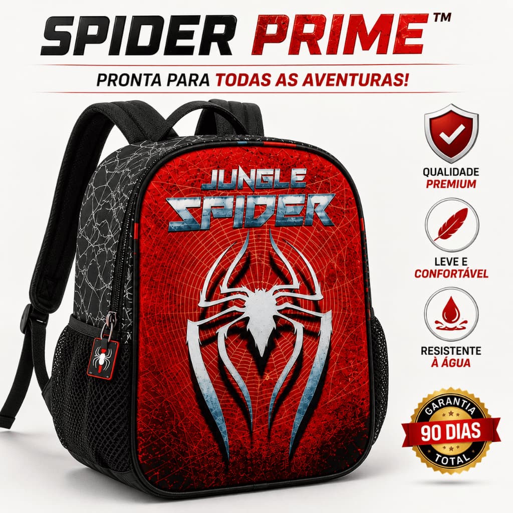 Mochila Infantil Escolar Spider Prime Poliéster  Vermelha Leve Resistente Ideal p/ Escola e Passeios