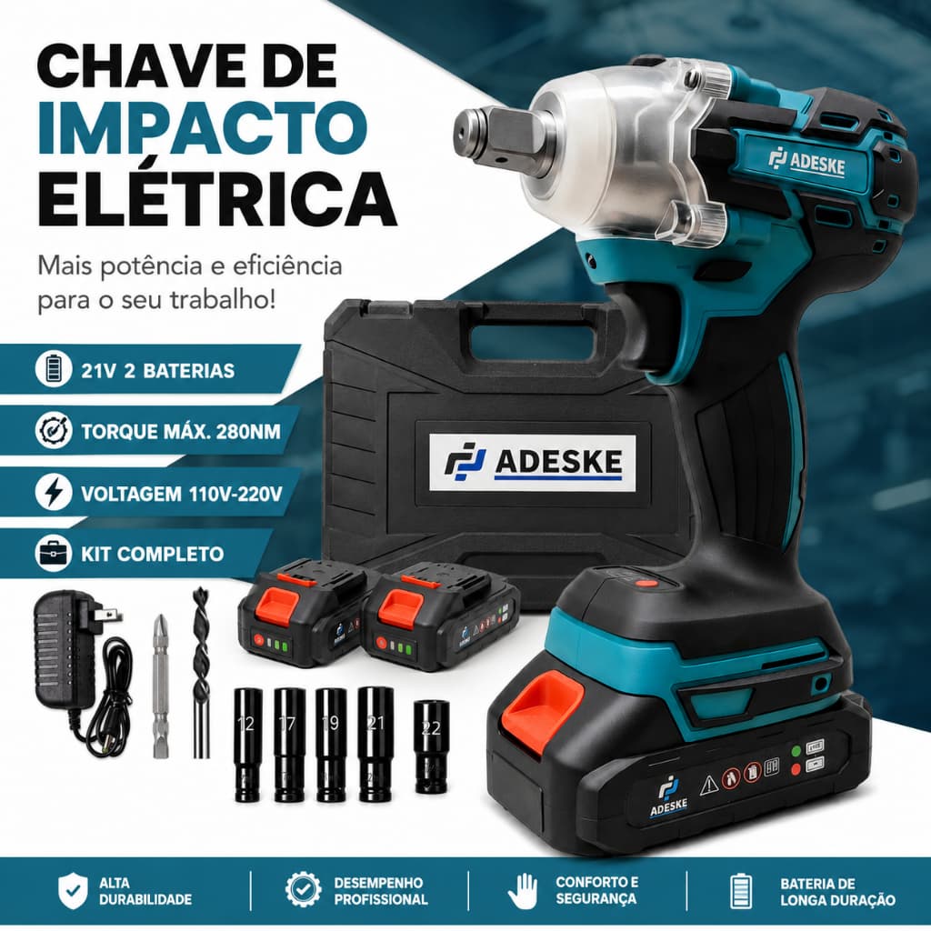 Chave de Impacto  ADESKE Torque Potente Maleta + 2 Baterias Recarregáveis